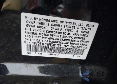 2015 Acura Ilx 2.0L from USA, damaged, VIN 19VDE1F39FE008701